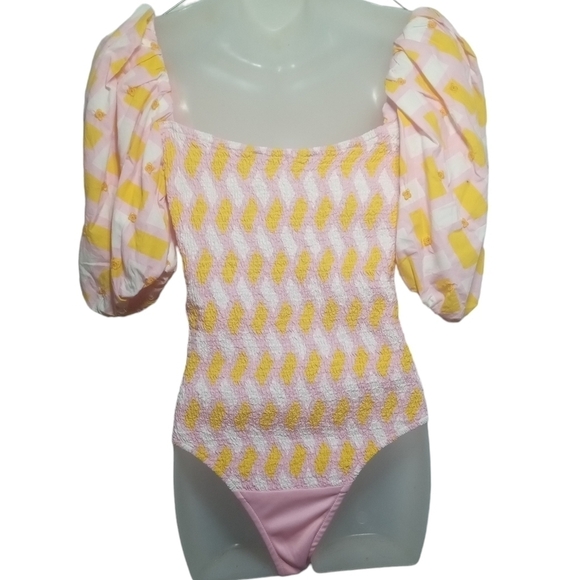 Zara Women's Floral Geometric Poplin Bodysuit with Puff Sleeves Sz Small - Picture 5 of 7